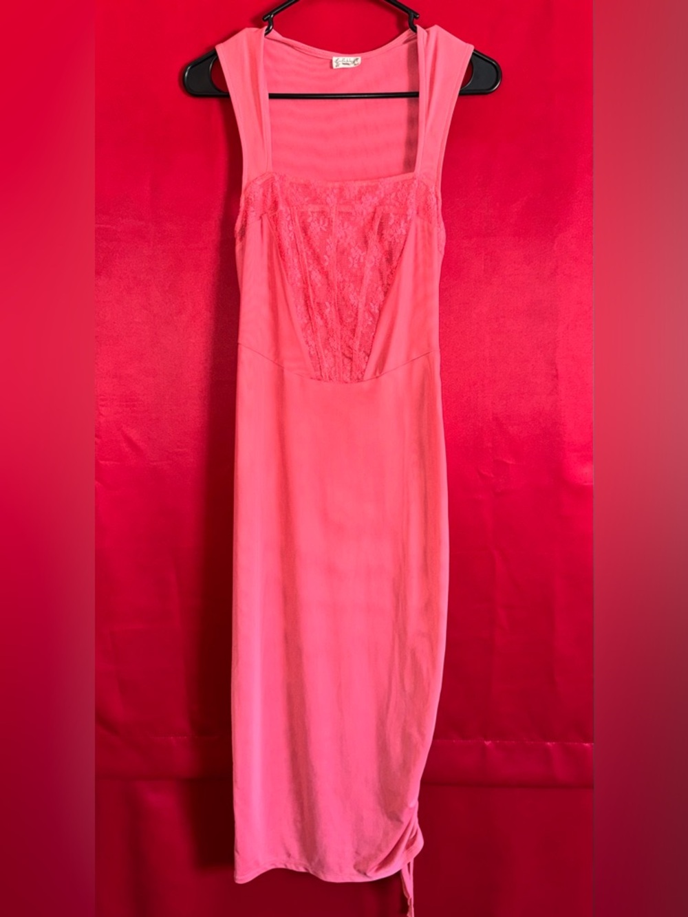 #404-FREE PEOPLE Coral Lace-Accent Slip Dress W/ One Side Ruched Size Small